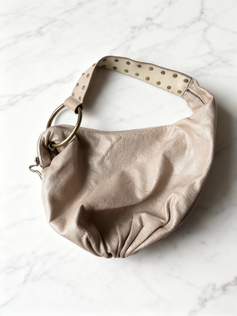 Express Nude Leather Pebbled Hobo Bag with Studded Strap